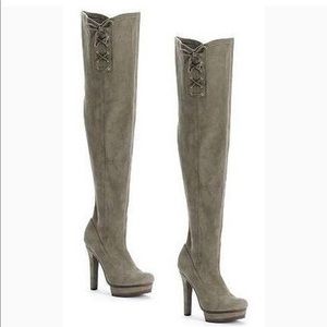 Jennifer Lopez grey suede thigh high boots